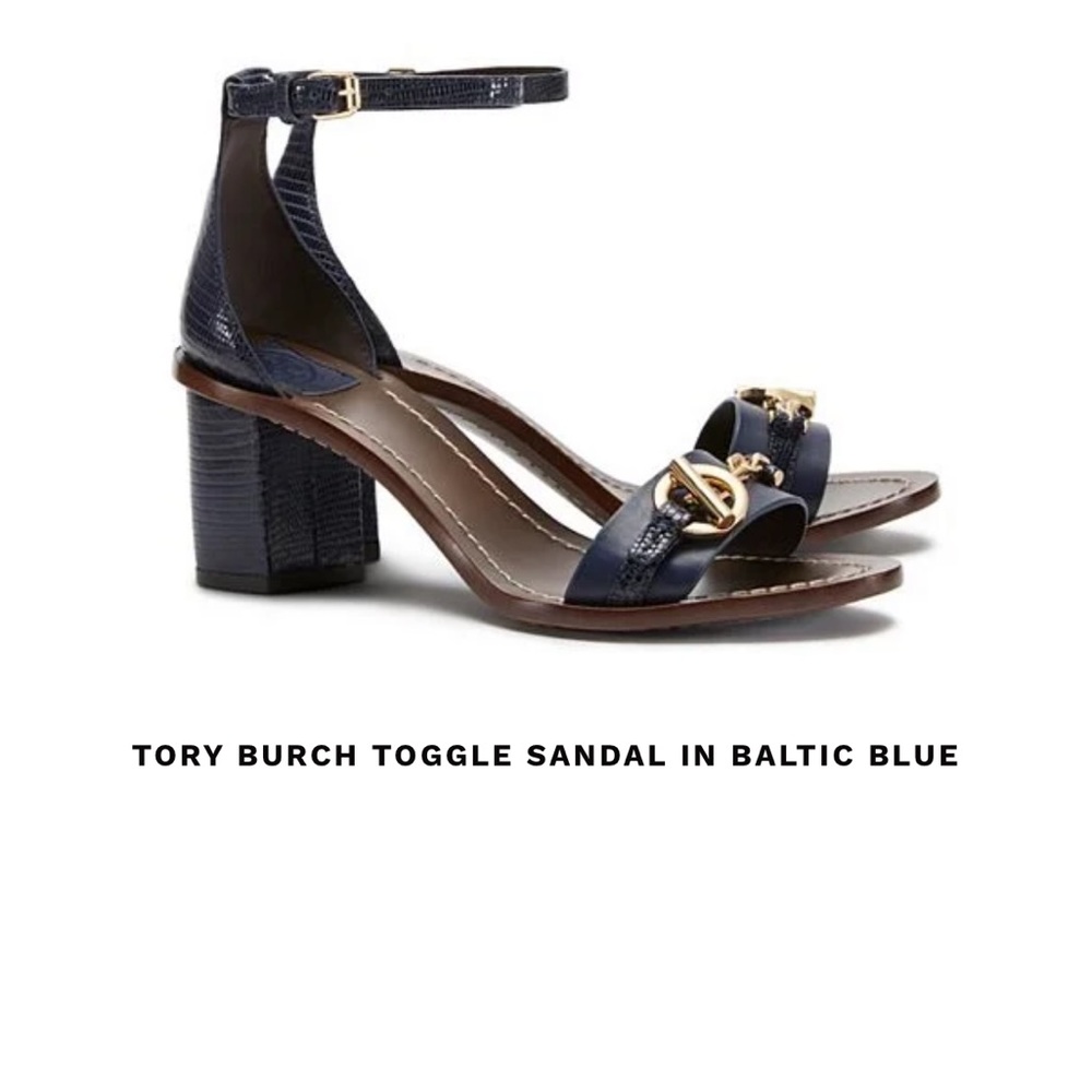 Tory Burch Rare Leather Toggle Sandal. 3" Block Heel. Baltic Blue. Size 10.5